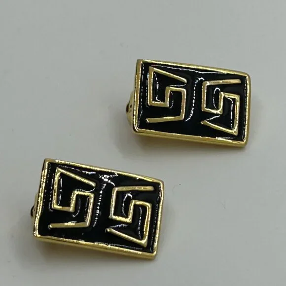 Vintage Gold & Black  Earrings Enamel Greek Key Clip-On 1980s Designer Statement - Picture 9 of 14